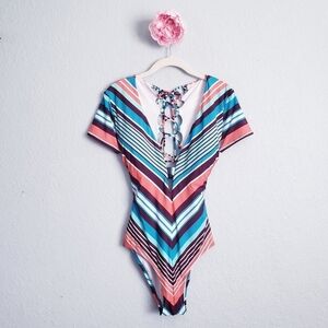 Laundry By Shelli Segal Multicolor Striped Lace Up Back One Piece Swimsuit